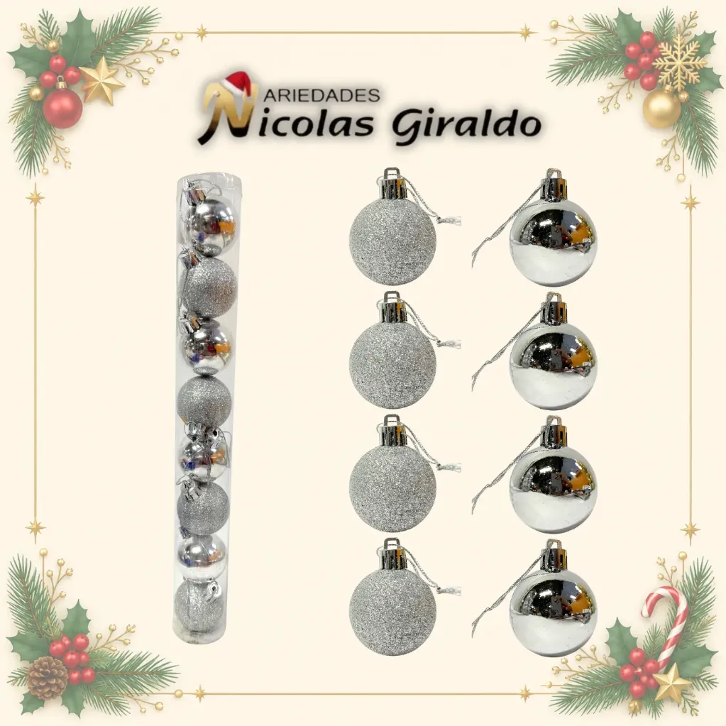 [A1142] BOLA NAVIDEÑA MINI TUBO X8 PLATA