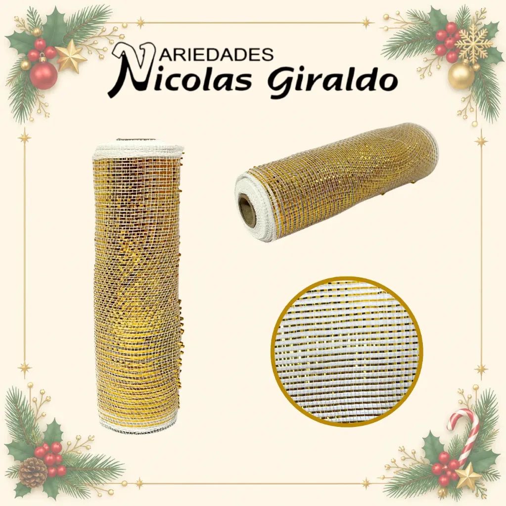 [VNG-108B] MALLA DECORATIVA 26CM 8 YARDAS BLANCA DORADA