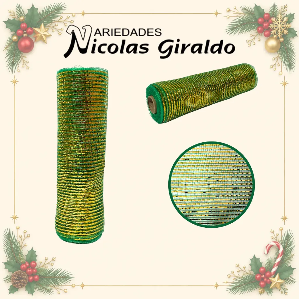 [VNG-111VR] MALLA DECORATIVA 26CM 8 YARDAS VERDE DORADA
