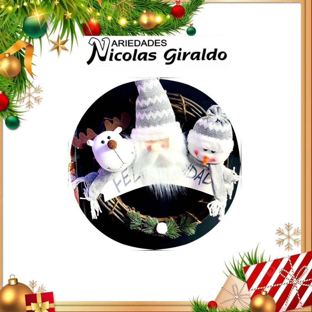 @CORONA FELIZ NAVIDAD 3 MUÑECOS GRIS 