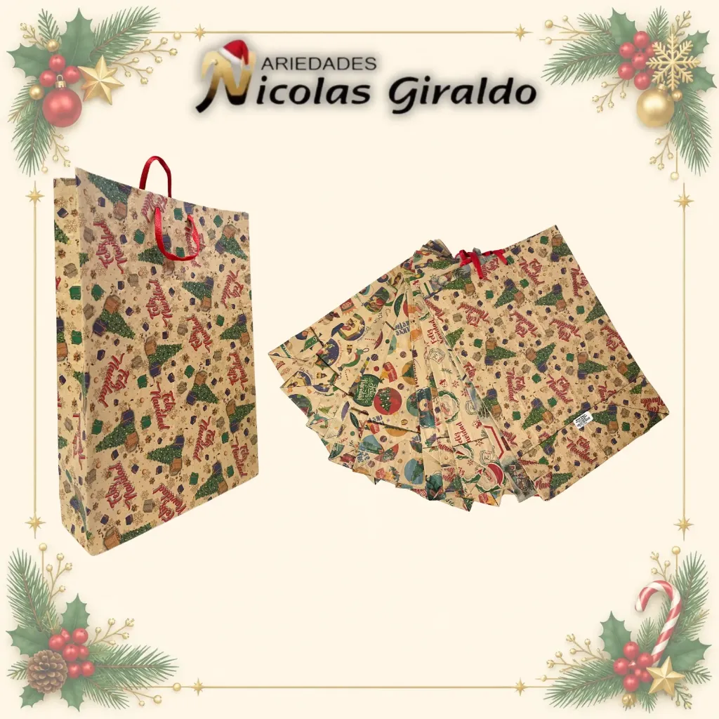 BOLSA REGALO NAVIDEÑA KRAFT GRANDE PQT X12  