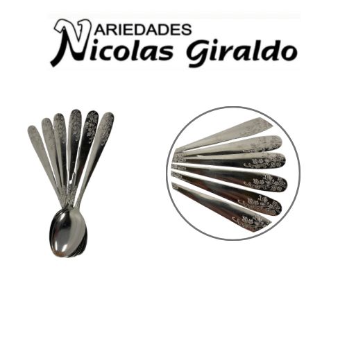 Cuchara metal fina x6 grabada florez 