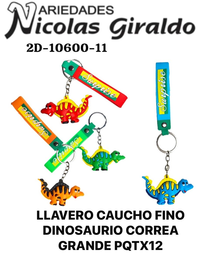 Llavero caucho fino dinosaurio correa ancha pqt X12