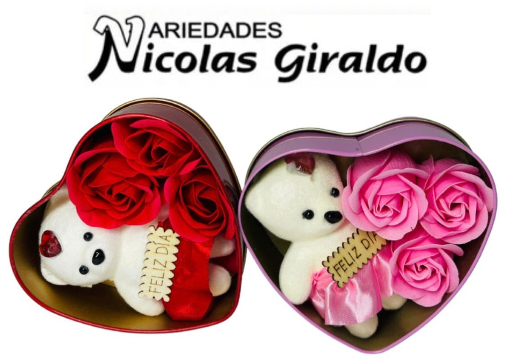 Cofre corazon pequeño con peluche rosas 