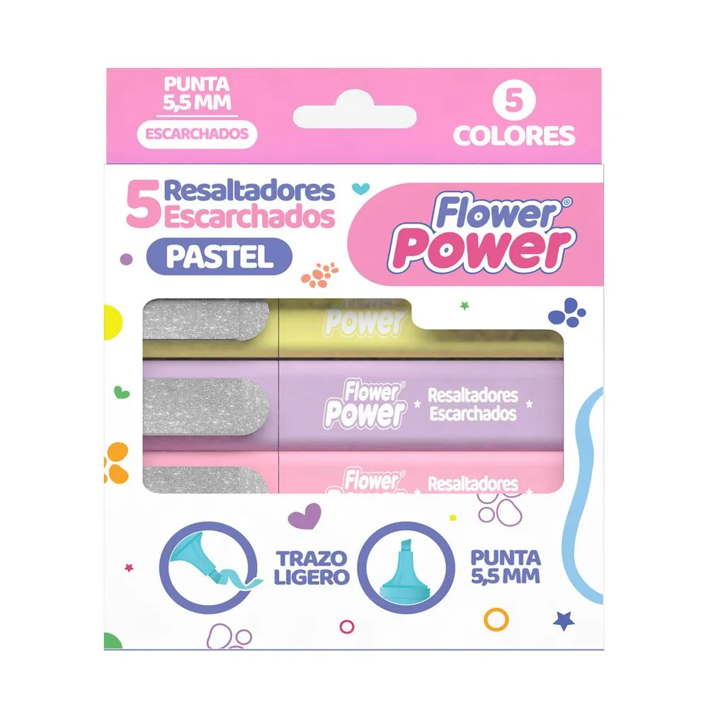 Resaltador flower power escarchado pastel x5 