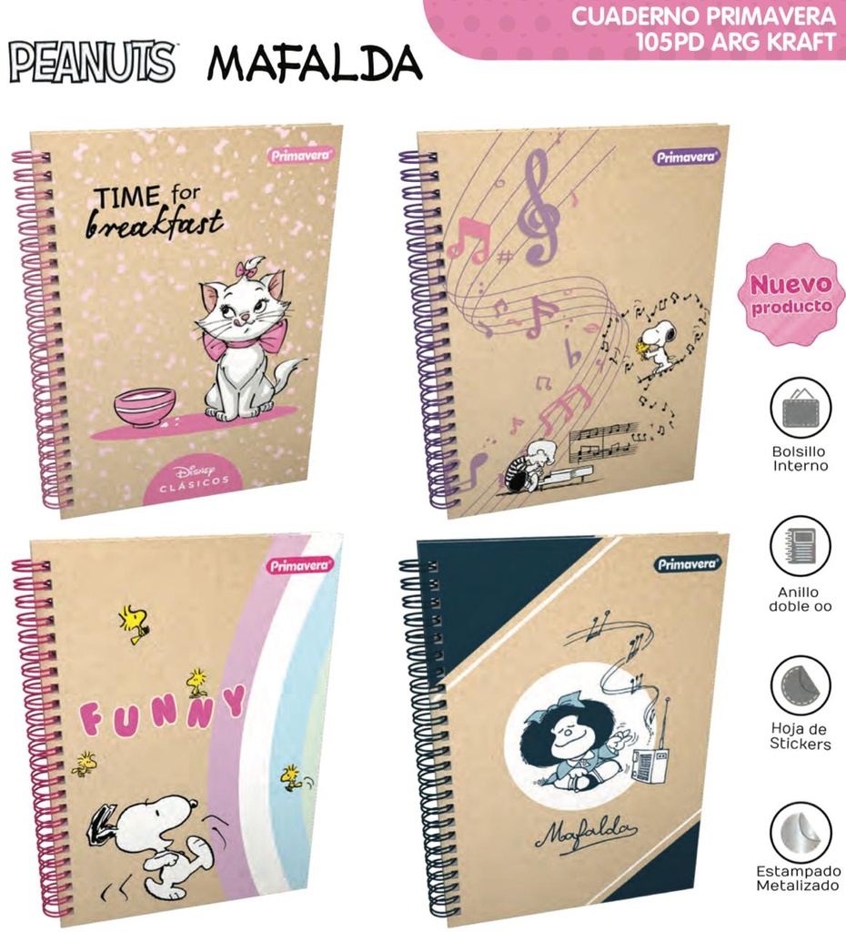 (P4219)Cuaderno primavera argollado academico raya mujer kraft 