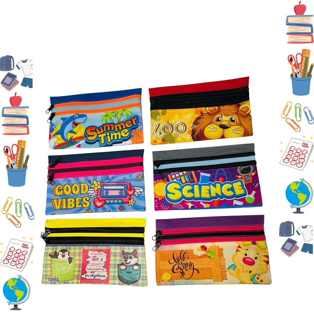 Cartuchera estampada futuro 2 cierre paquete x6