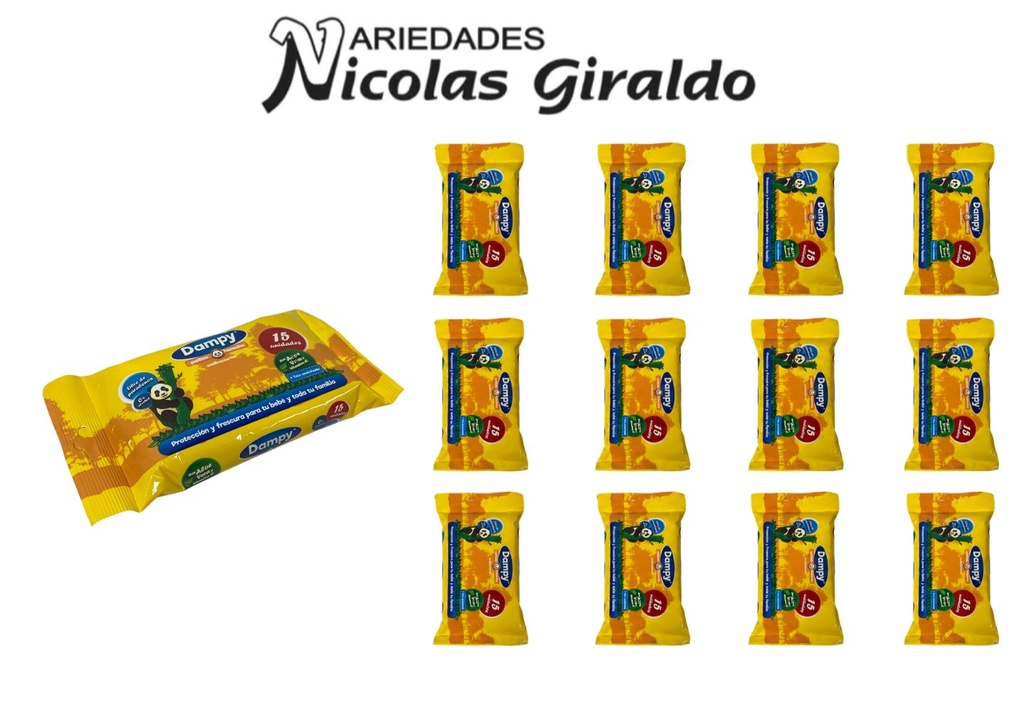 Pañitos humedos antibacterial dampy x15 amarillo paquete x12 uni
