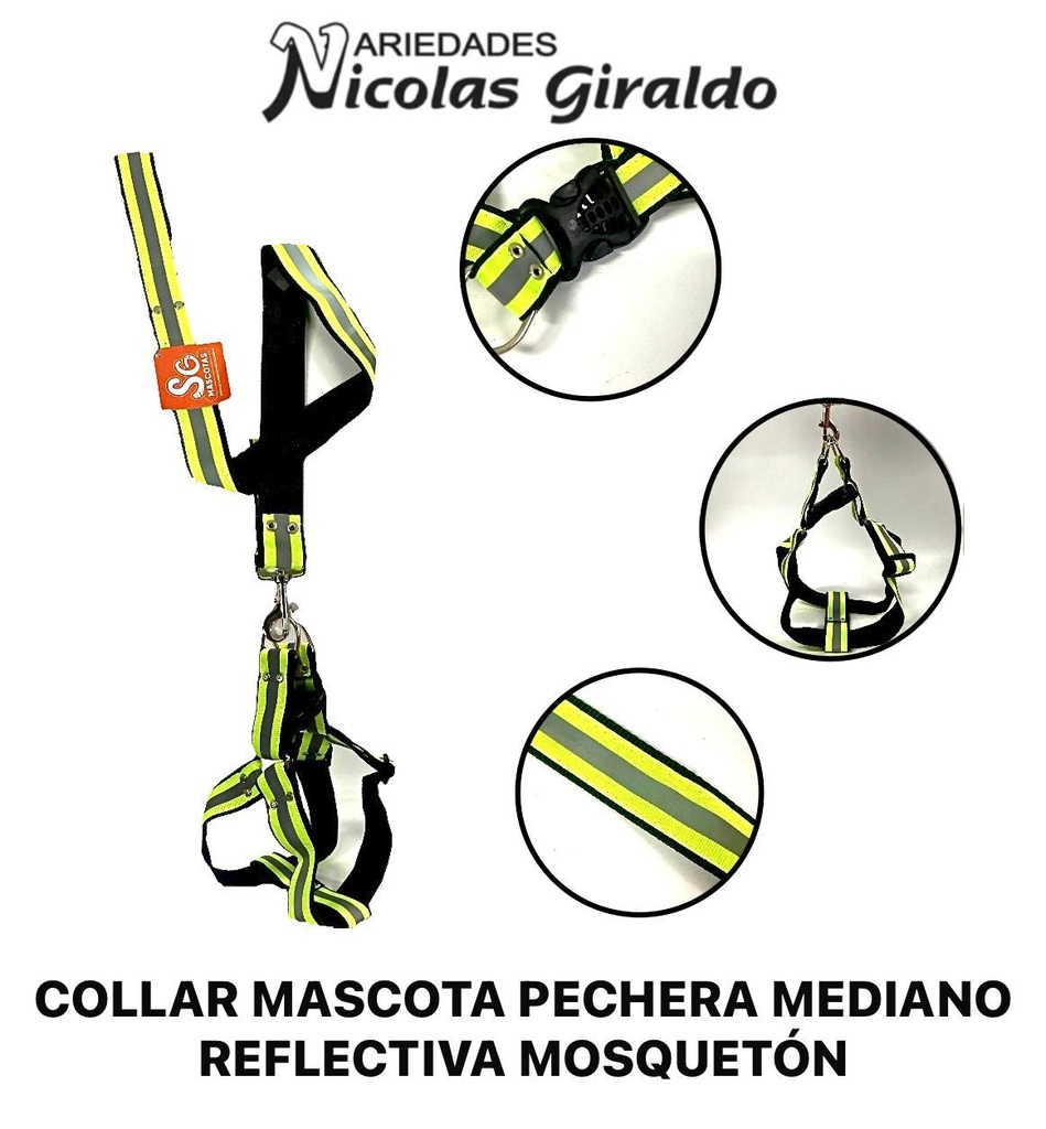 Collar mascota pechera mediano reflectiva mosqueton