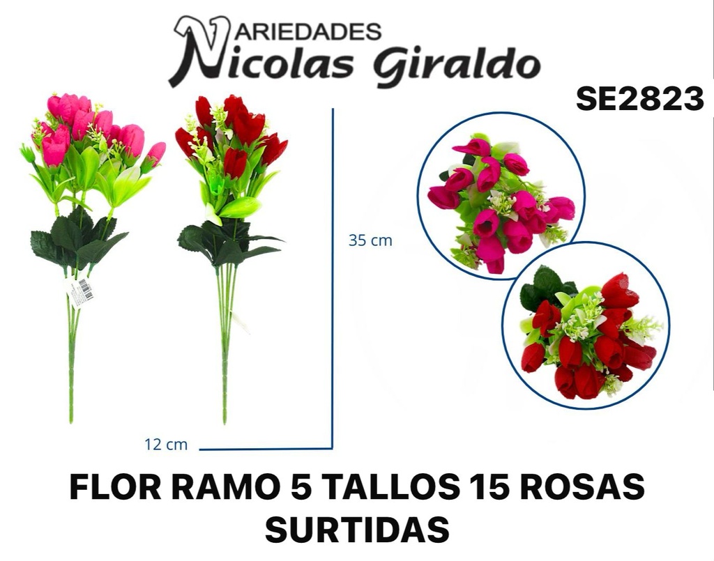 Flor ramo 5 tallos 15 rosas surtida  