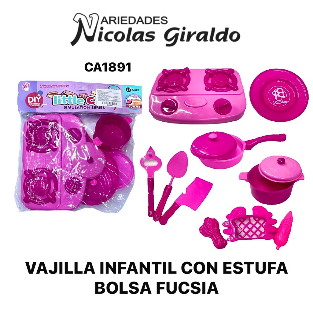 Vajilla infantil con estufa bolsa fucsia 