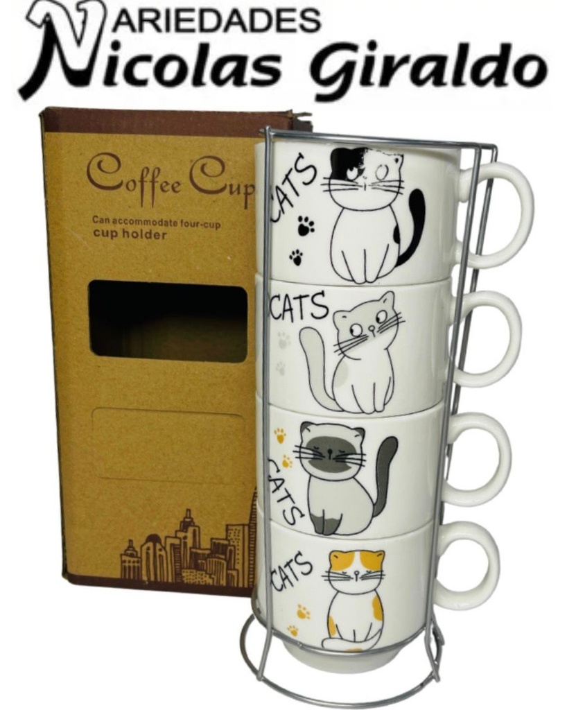 Pocillo tintero x4 con base estampado gatos 