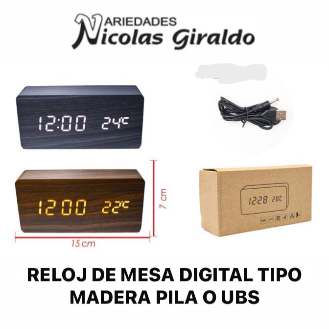Reloj de mesa digital tipo madera pila o usb 