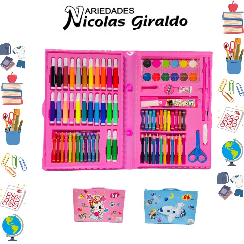 Set escolar infantil estuche cuadrado grande rosado