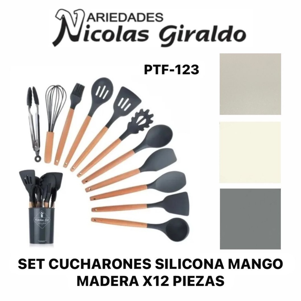 Set cucharones silicona mango madera x12 piezas