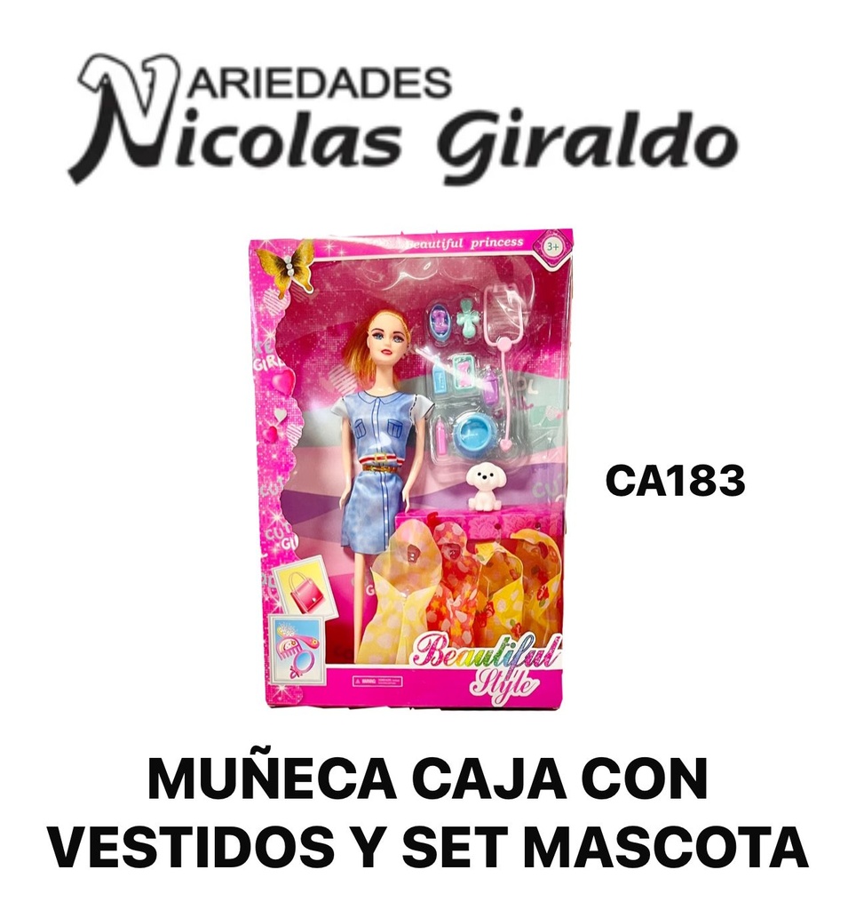 Muñeca caja con vestidos y set mascota