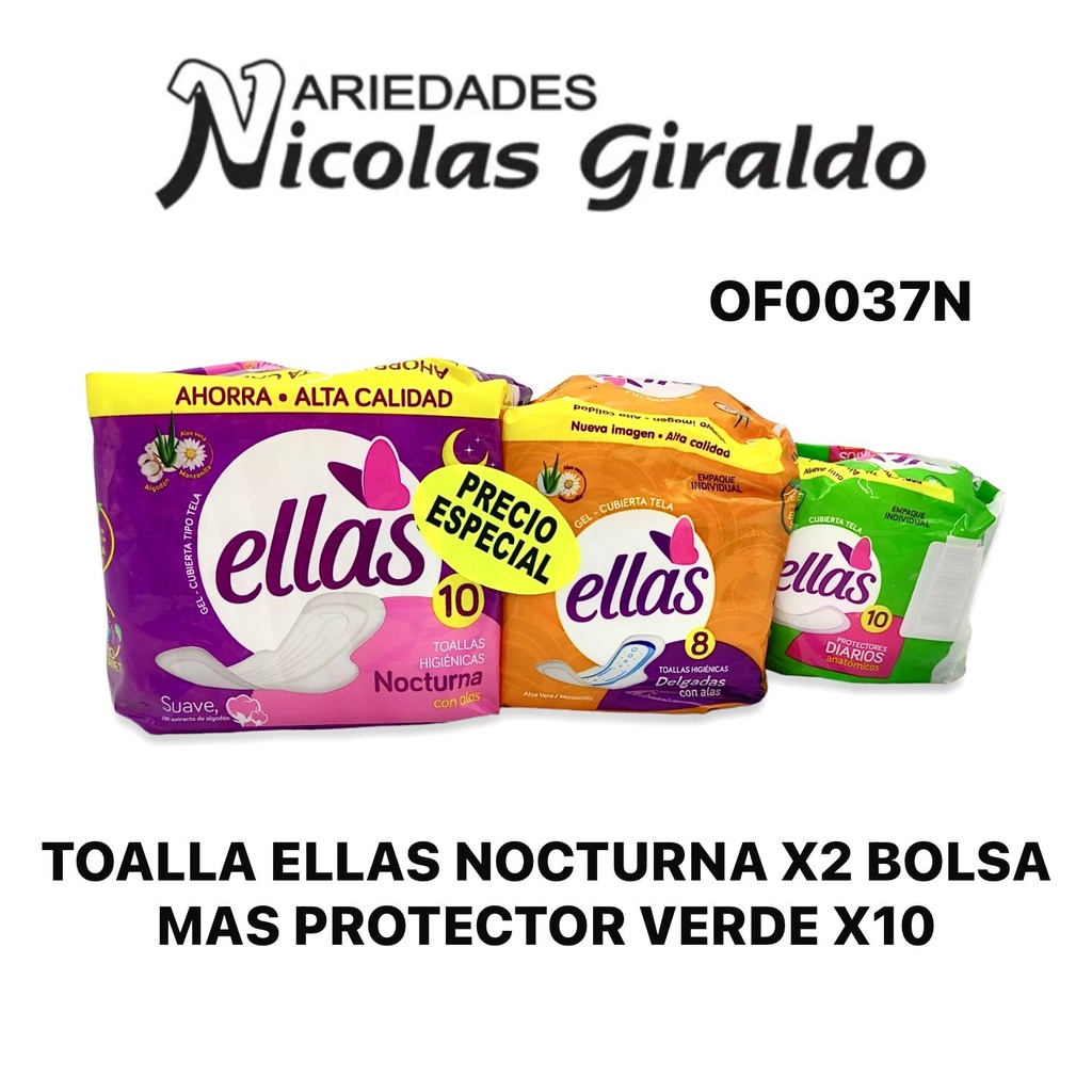 Toalla ellas nocturna x2 bolsa mas protector verde x10 produsa 