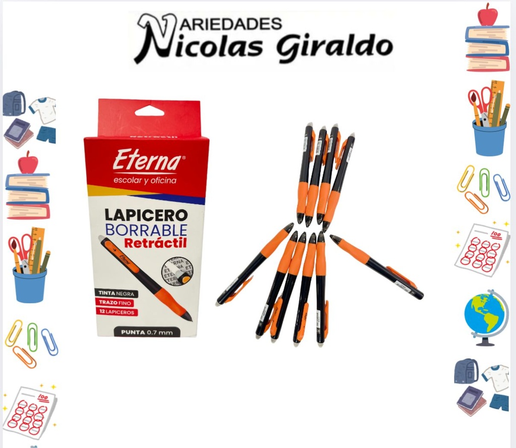 Lapicero eterna borrable 0.7 negro x12  