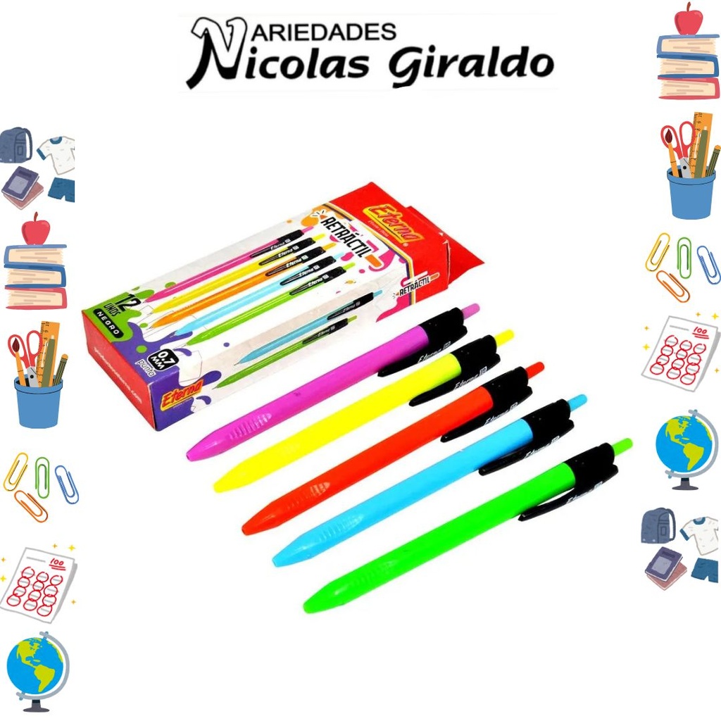 [ET657] Lapicero eterna retractil neon caja x12 tinta negra