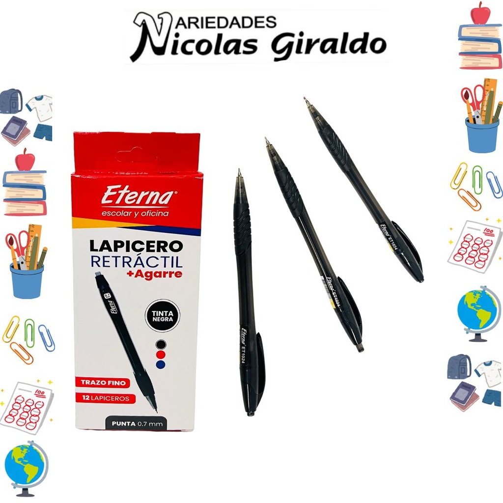 Lapicero eterna retractil 0.7 mas agarre negro x12 