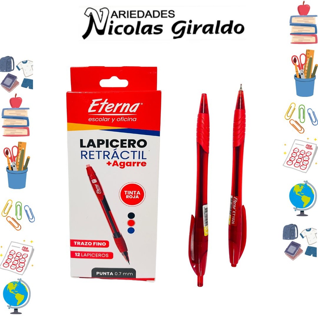 [ET1026] Lapicero eterna retractil 0.7 mas agarre rojo x12   