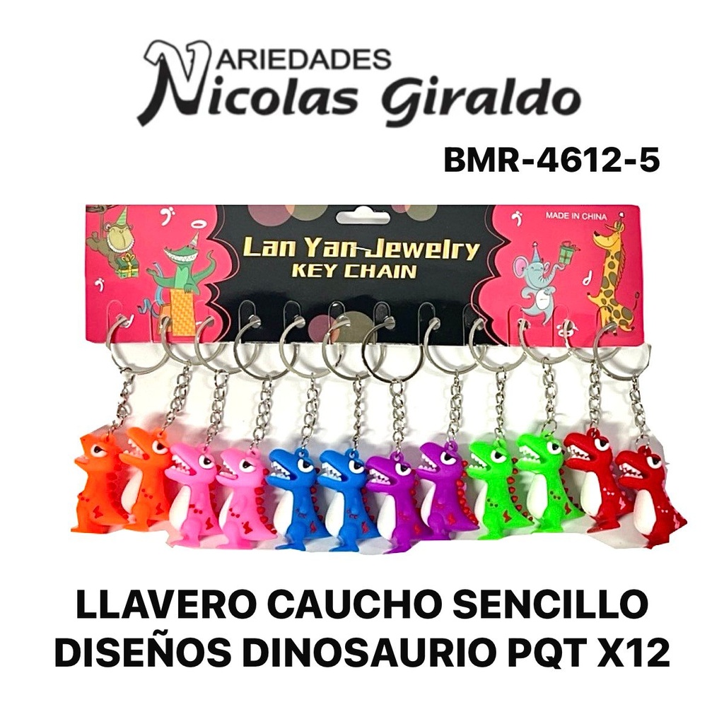 [BMR-4612-5] Llavero caucho sencillo diseños dinosaurio  pqt X12  