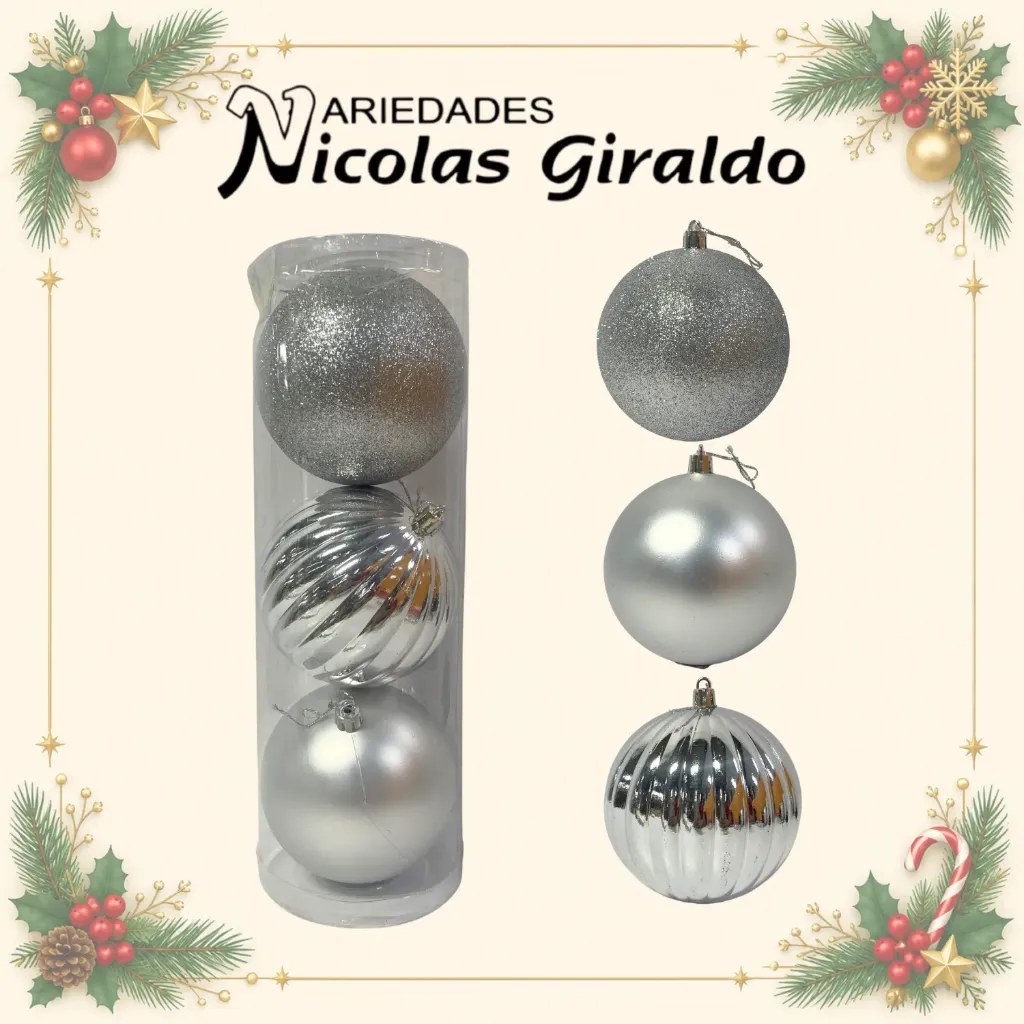 BOLA NAVIDEÑA GRANDE 10CM X3 PLATA