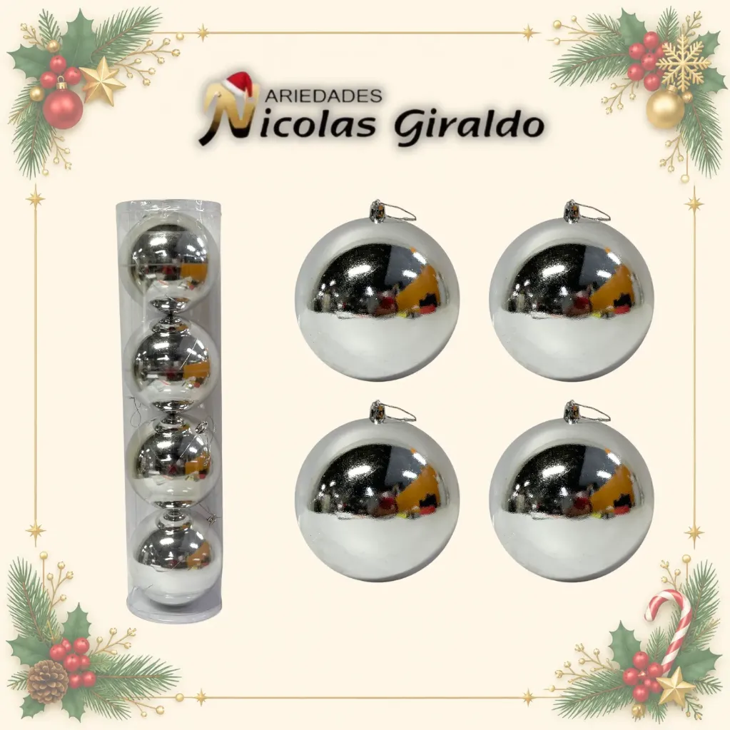 BOLA NAVIDEÑA GRANDE 12CM X4 PLATA
