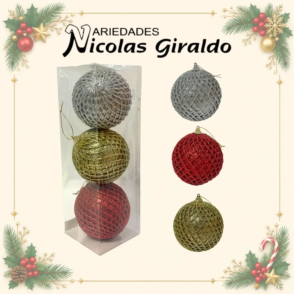 BOLA NAVIDEÑA DECORADA 10CM X3 SURTIDA