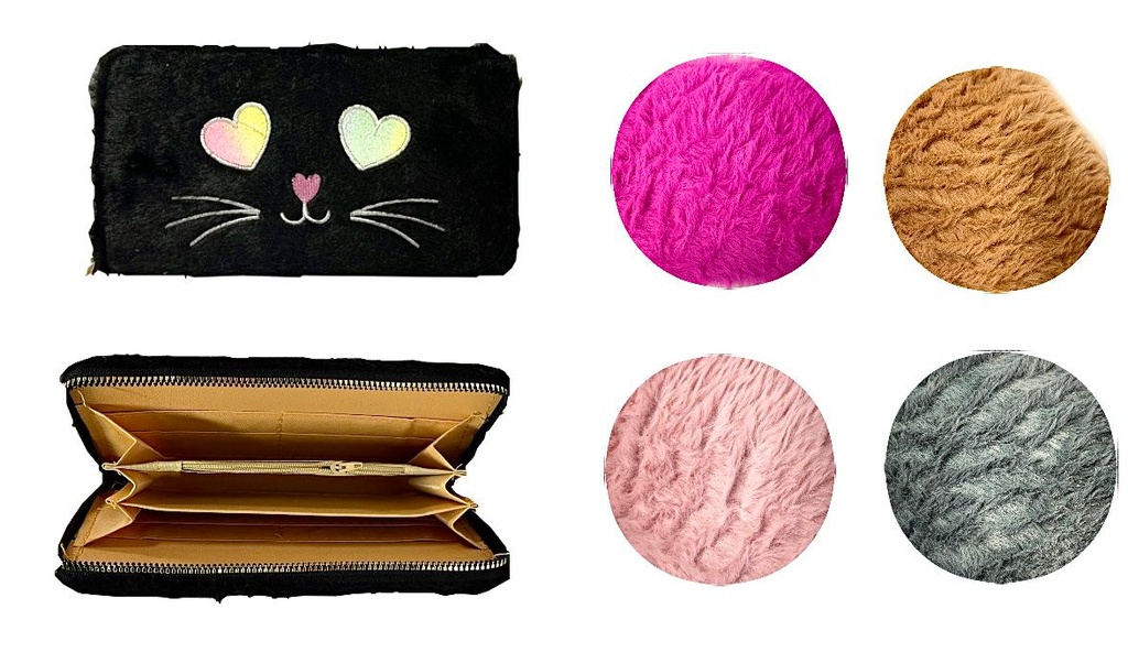 Billetera dama grande peluda caritas 1 cierre 