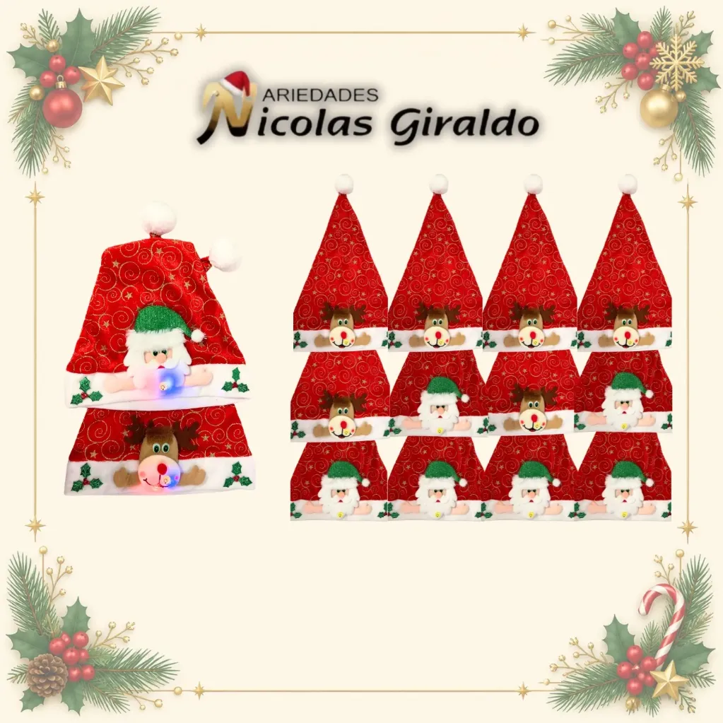 [GRRO-007] GORRO NAVIDAD LUZ MANITOS CARA SURTIDA  PQT X12