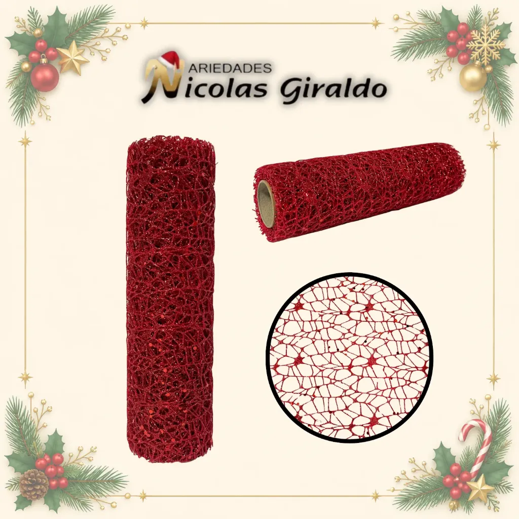 [SMR25-129] MALLA DECORATIVA 26CM 3 YARDAS NIDO PAJARO ROJA