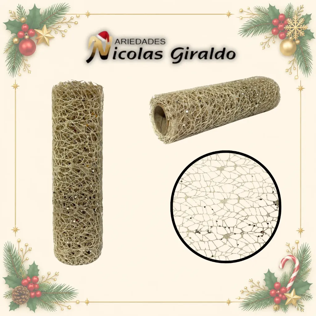[SMR25-138] MALLA DECORATIVA 26CM 3 YARDAS NIDO PAJARO CHAMPAÑA