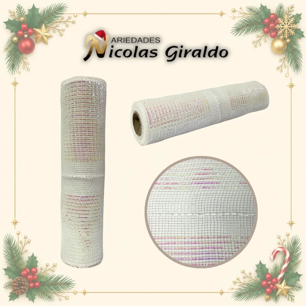 MALLA DECORATIVA 26CM 5 YARDAS BLANCA CON ROSADO