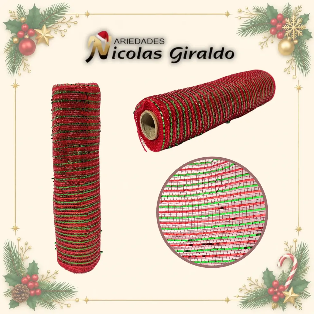[SMR25-114] MALLA DECORATIVA 26CM 5 YARDAS ROJA CON VERDE