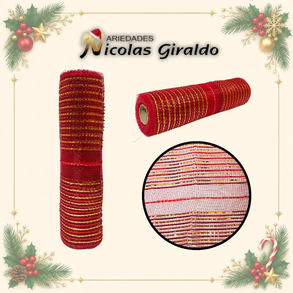 MALLA DECORATIVA 26CM 5 YARDAS ROJA CON DORADO MOÑO FACIL