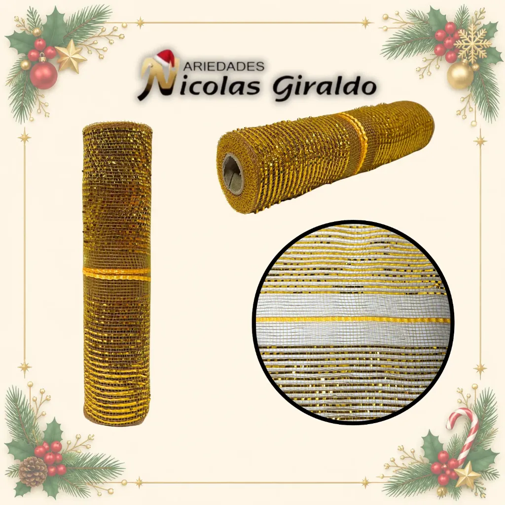 MALLA DECORATIVA 26CM 5 YARDAS DORADA MOÑO FACIL