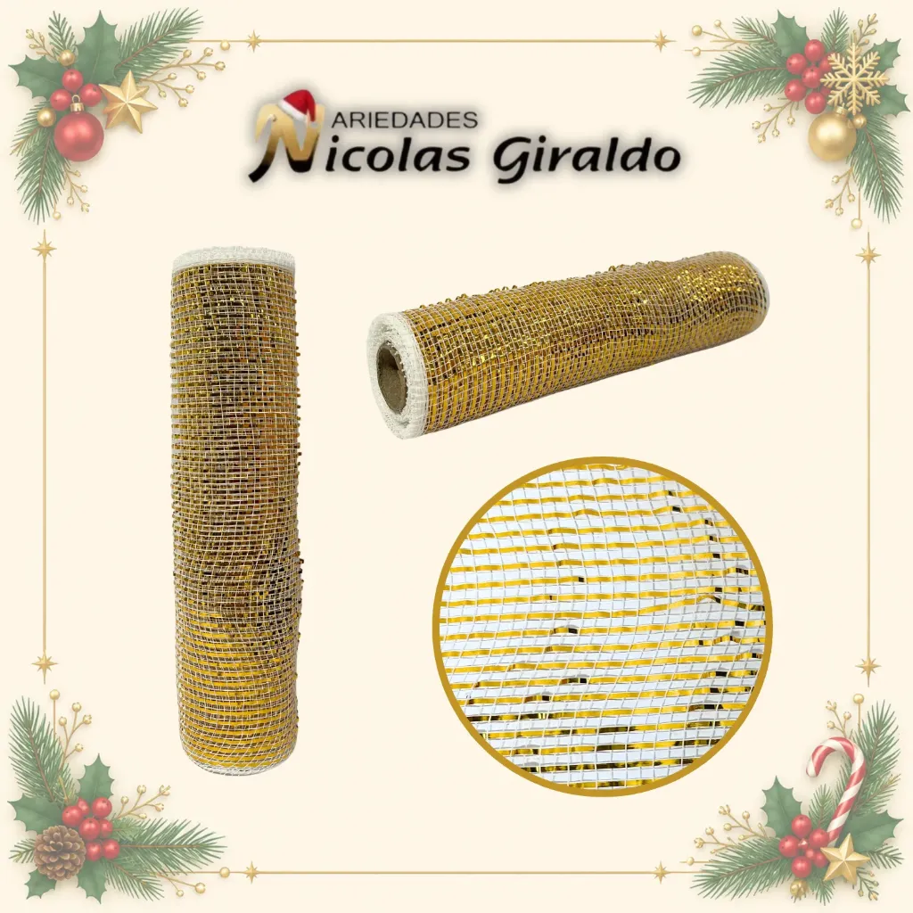 MALLA DECORATIVA 26CM 5 YARDAS BLANCA CON DORADO