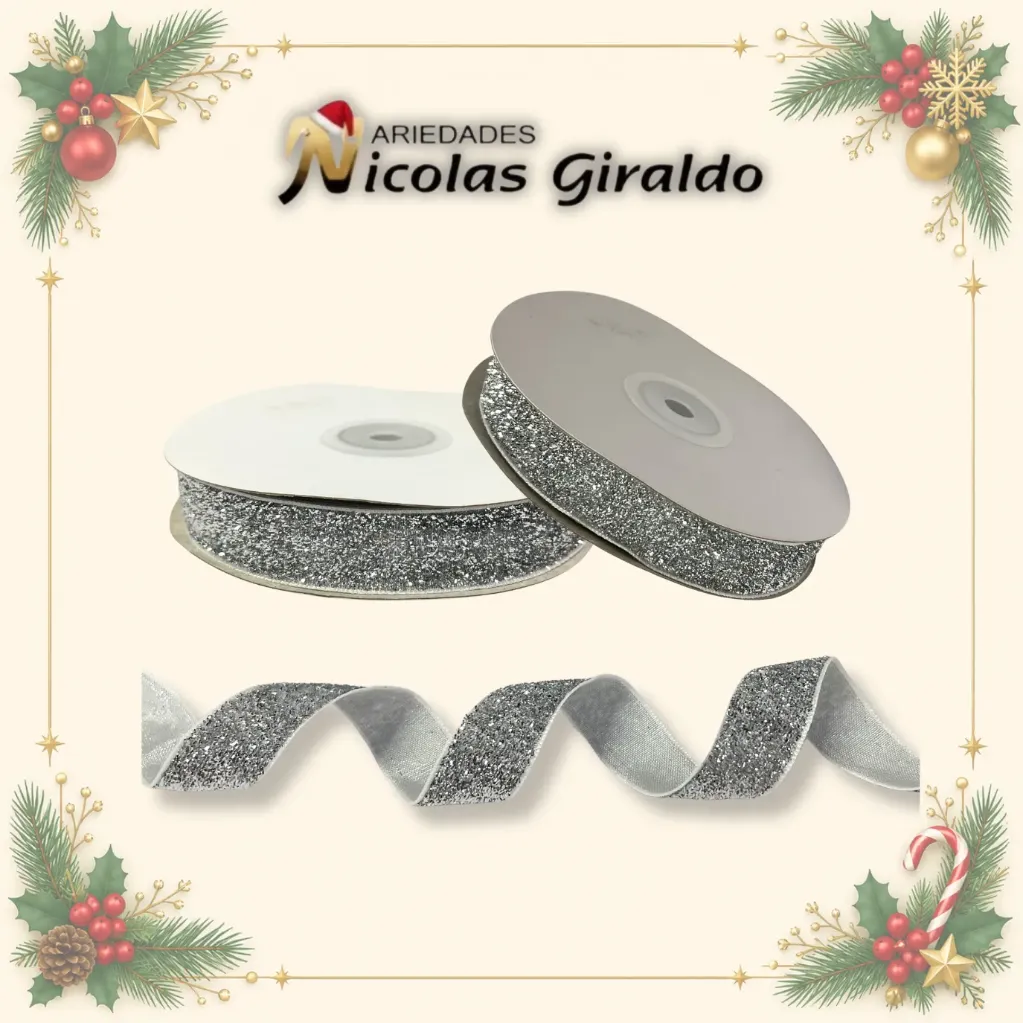 [AL026-152P] CINTA DECORATIVA NAVIDEÑA TELA PLATA 10 YARDAS 