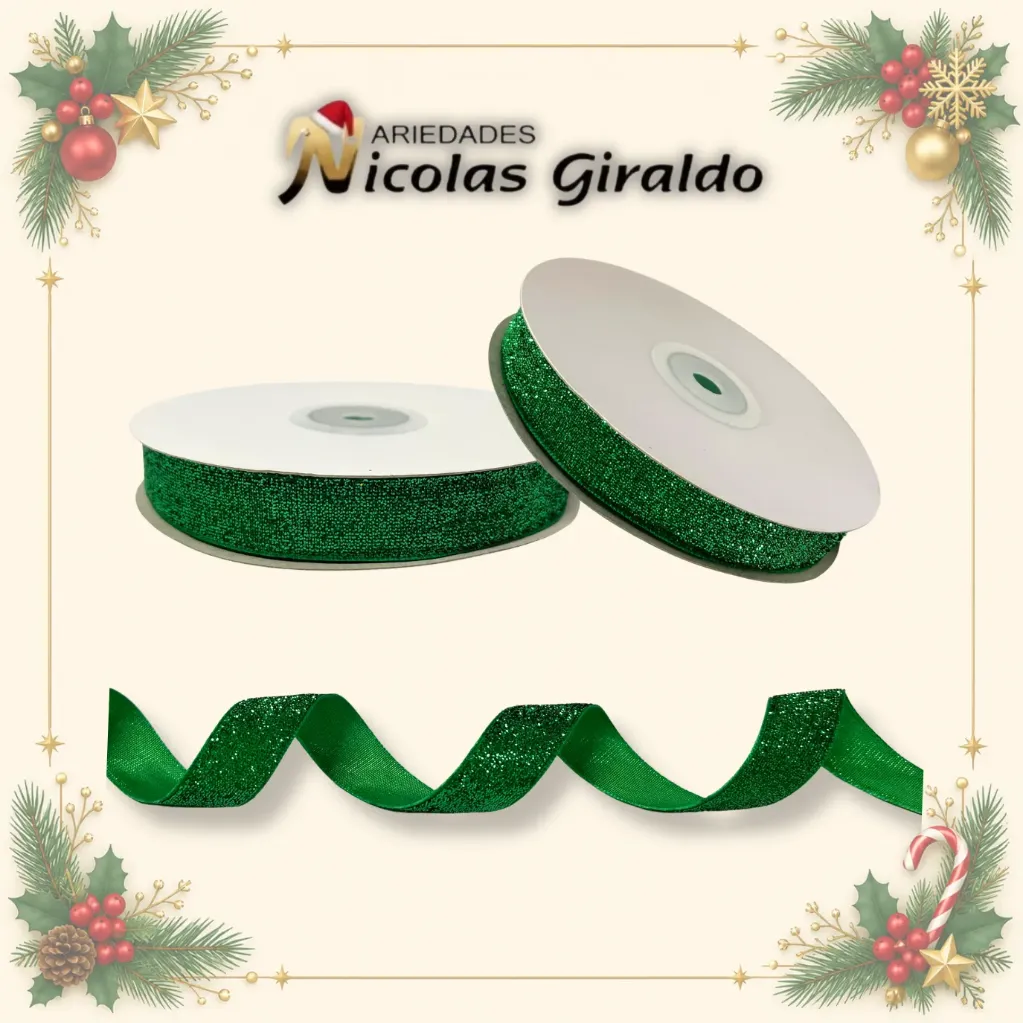 [AL026-152V] CINTA DECORATIVA NAVIDEÑA TELA VERDE 10 YARDAS  