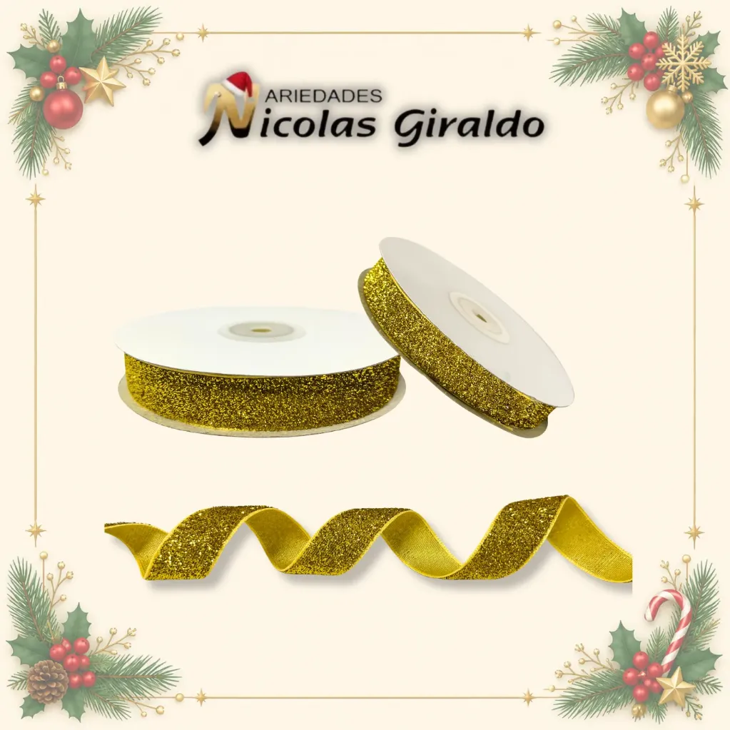 [AL026-152D] CINTA DECORATIVA NAVIDEÑA TELA DORADA 10 YARDAS  
