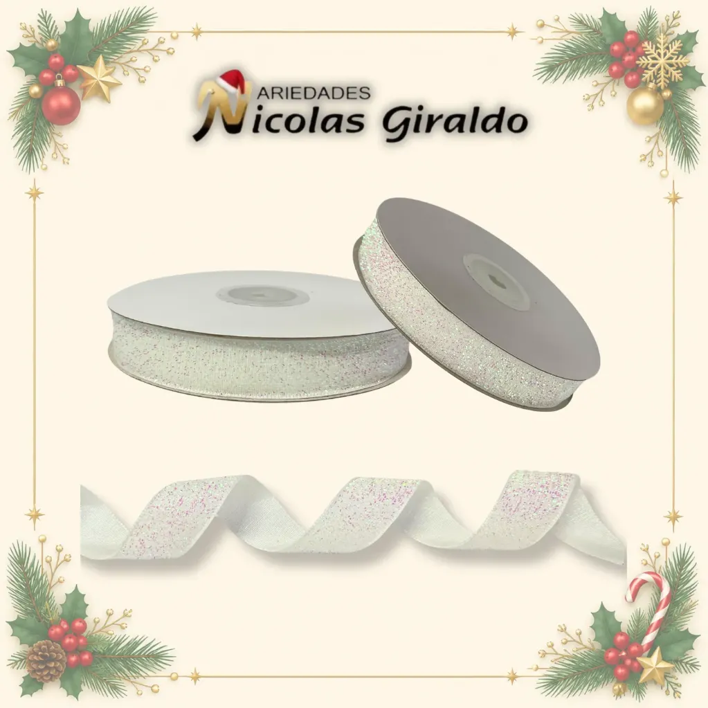 [AL026-152BP] CINTA DECORATIVA NAVIDEÑA TELA BLANCA MIRELLADA 10 YARDAS 