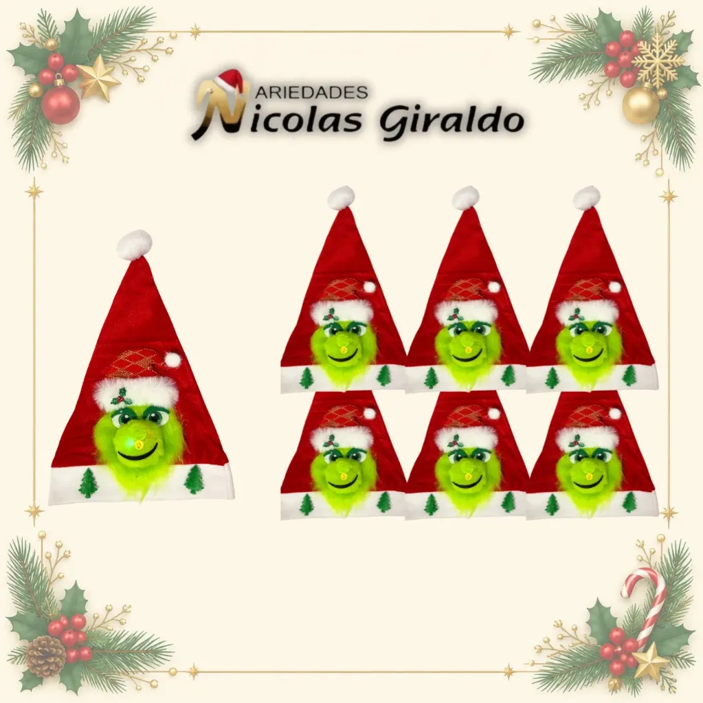GORRO NAVIDAD LUZ GRINCH  PQT X6