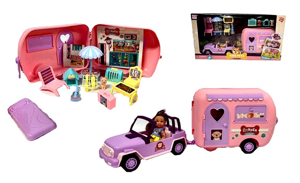Carro campero con muñeca y set mascota