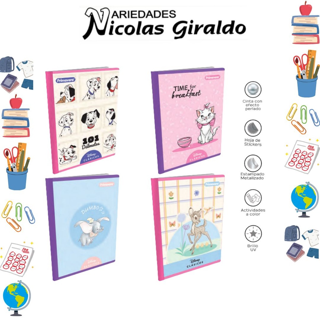 [P1876] Cuaderno cosido primavera 50H raya clasicos disney  