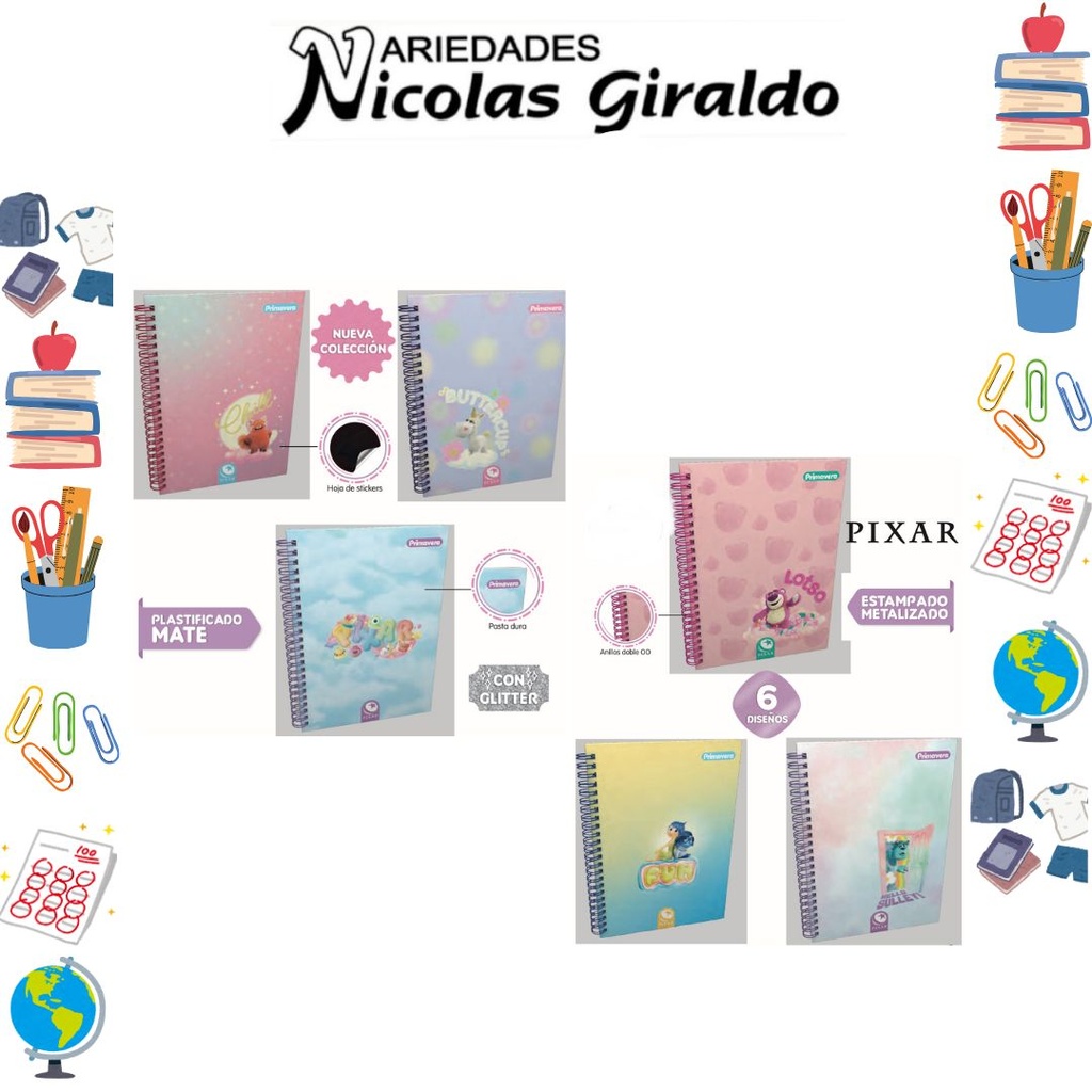 Cuaderno primavera argollado academico cuadro pixar