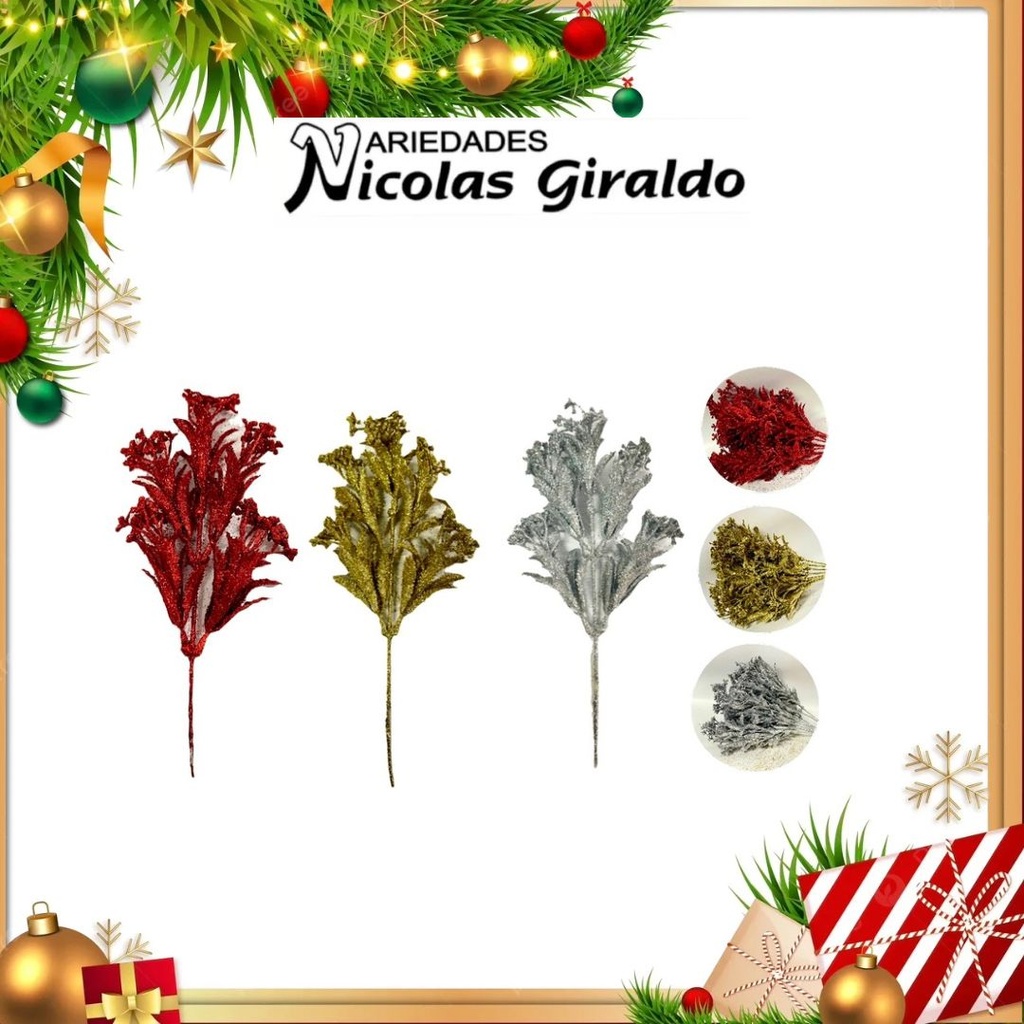 @RAMA NAVIDEÑA MIRELLADA CON FLOR PQT X10 