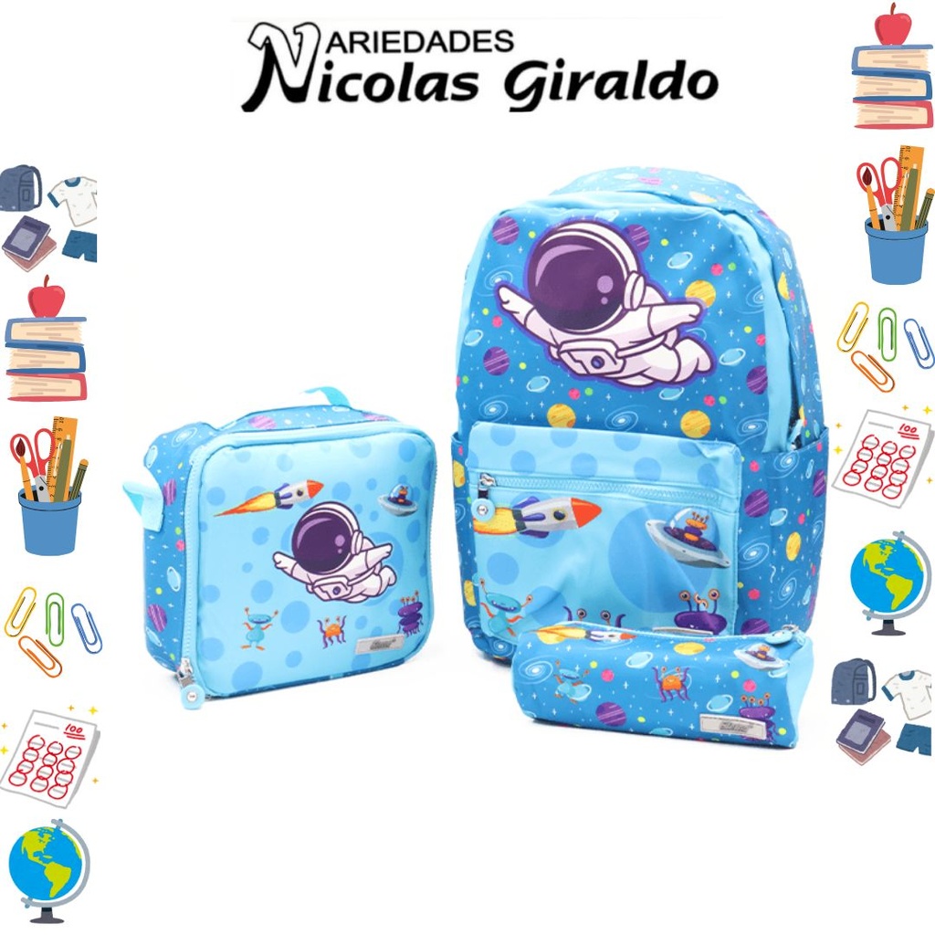 Set bolso lonchera y cartuchera estampado azul de astronauta 
