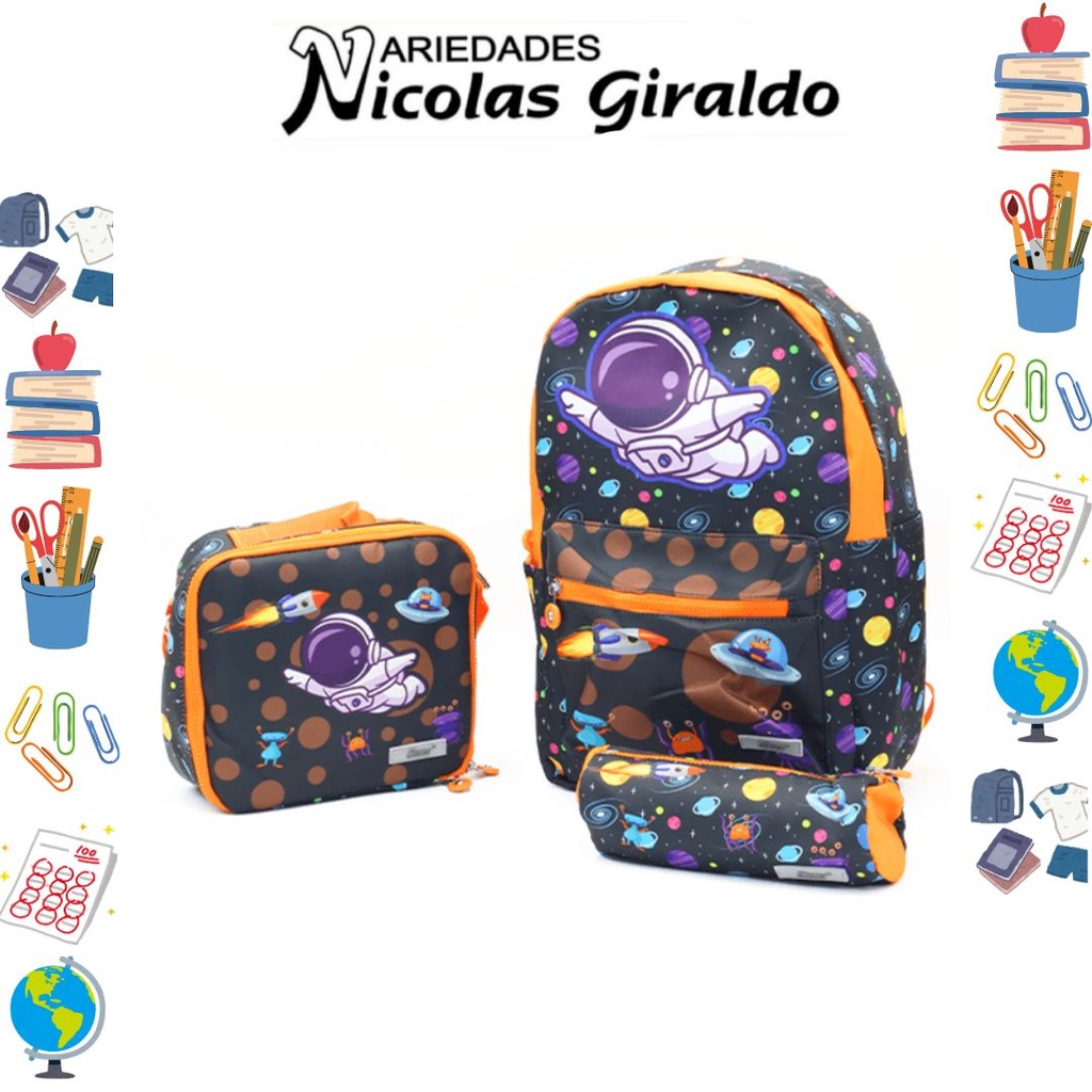 [ET1148] Set bolso lonchera y cartuchera estampado negro de astronauta  