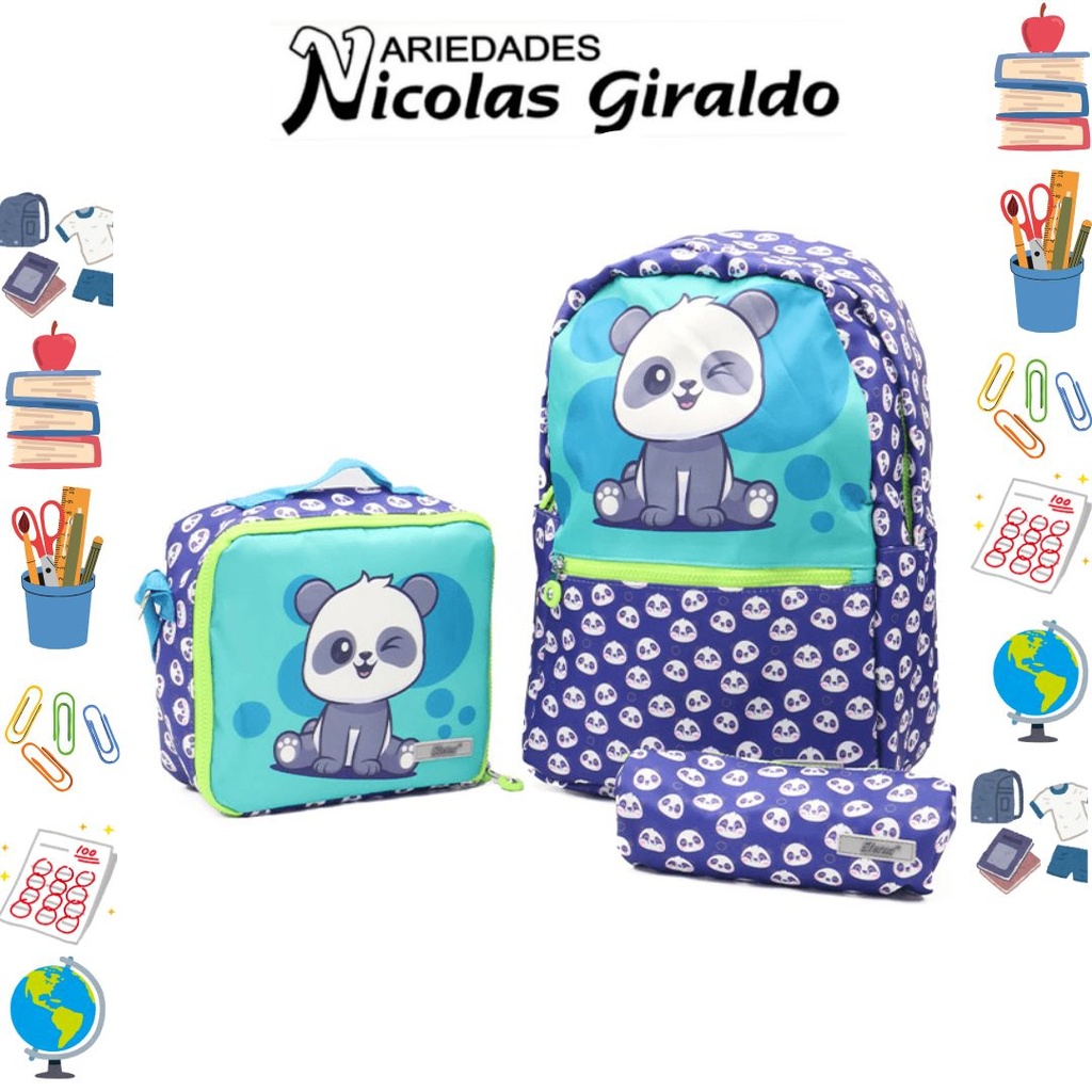 [ET1137] Set bolso lonchera y cartuchera estampado de oso panda  